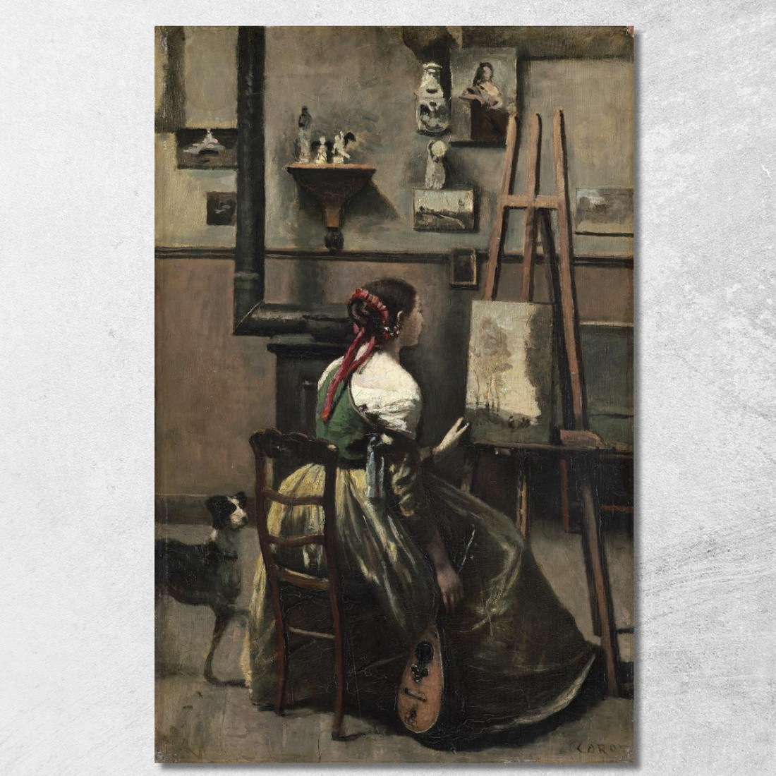 La Donna Dello Studio Di Corot Seduta Davanti A Un Mandolino Easela In Mano Jean-Baptiste-Camille Corot jbc38 quadro stampato s