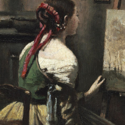 La Donna Dello Studio Di Corot Seduta Davanti A Un Mandolino Easela In Mano Jean-Baptiste-Camille Corot jbc38 quadro stampato s