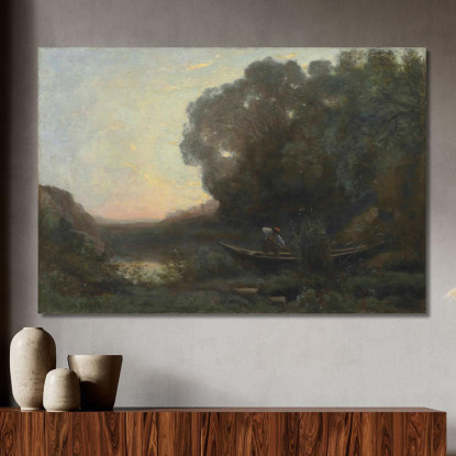 Il Barcaiolo Sulla Riva. Sole Al Tramonto Jean-Baptiste-Camille Corot jbc116 quadro stampato su tela