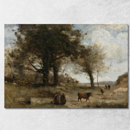 Les Vachères A La Fontaine Jean-Baptiste-Camille Corot jbc148 quadro stampato su tela