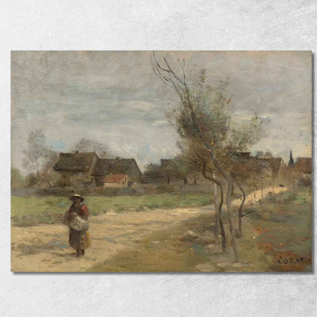 Contadina Su Una Strada Con Vista Di Un Villaggio Jean-Baptiste-Camille Corot jbc195 quadro stampato su tela