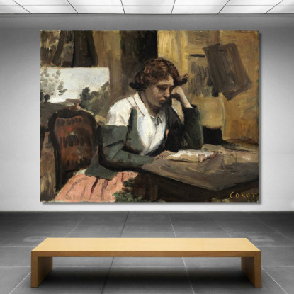 Donna Che Legge In Studio Jean-Baptiste-Camille Corot jbc308 quadro stampato su tela