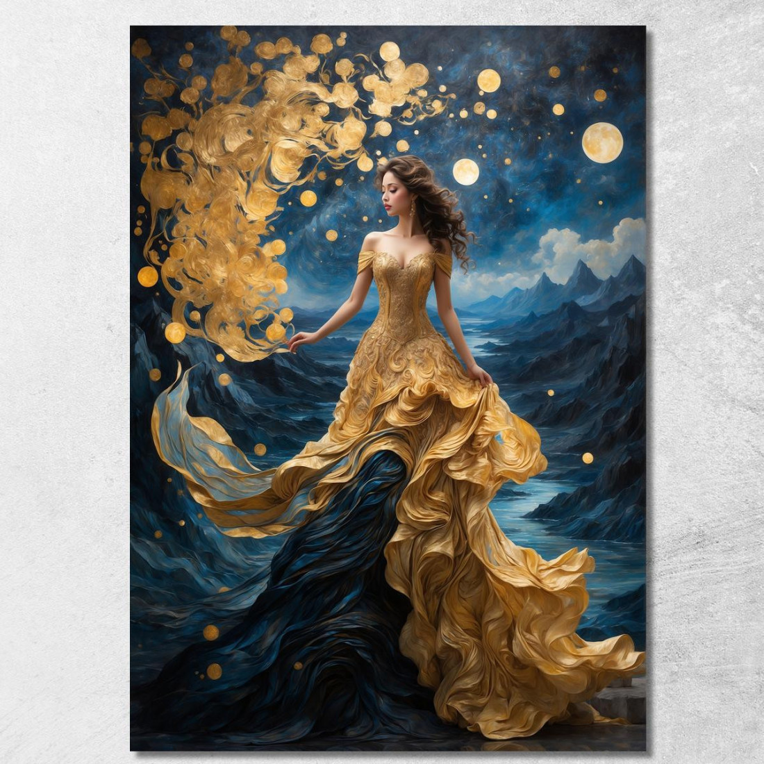 Quadro Donna Abito Dorato Scena Fantasy Luna E Montagne abs78 quadro stampato su tela Quadro Donna Abito Dorato Scena Fantasy Luna E Montagne abs78 quadro stampato su tela