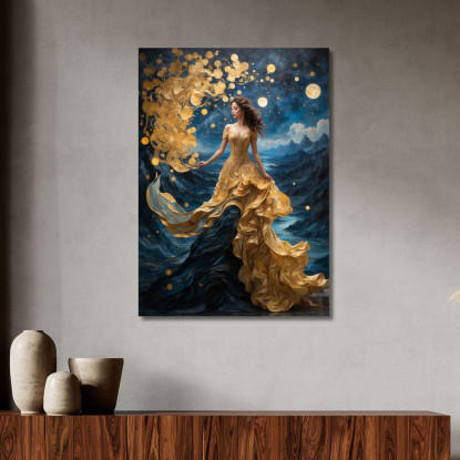 Quadro Donna Abito Dorato Scena Fantasy Luna E Montagne abs78 quadro stampato su tela