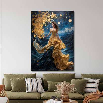 Quadro Donna Abito Dorato Scena Fantasy Luna E Montagne abs78 quadro stampato su tela