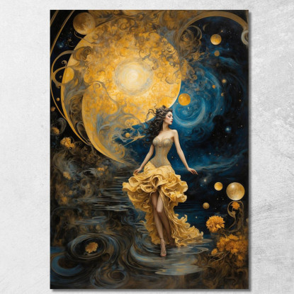 Quadro Donna Abito Dorato Universo Fantastico Blu Giallo abs79 quadro stampato su tela