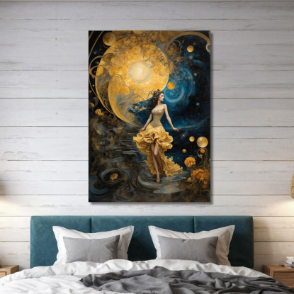 Quadro Donna Abito Dorato Universo Fantastico Blu Giallo abs79 quadro stampato su tela