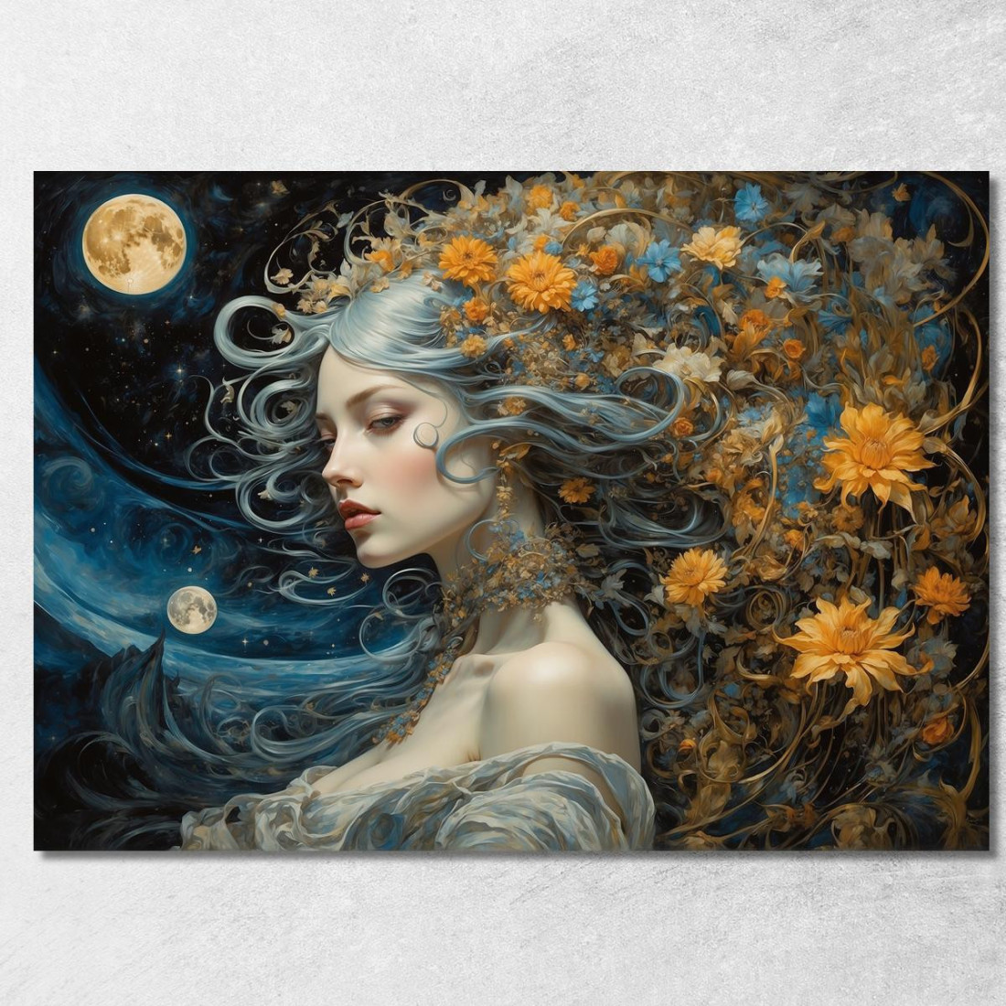 Quadro Donna Fantasy Con Dettagli Floreali Tonalità Blu E Oro abs80 quadro stampato su tela Quadro Donna Fantasy Con Dettagli Floreali Tonalità Blu E Oro abs80 quadro stampato su tela