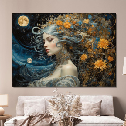 Quadro Donna Fantasy Con Dettagli Floreali Tonalità Blu E Oro abs80 quadro stampato su tela