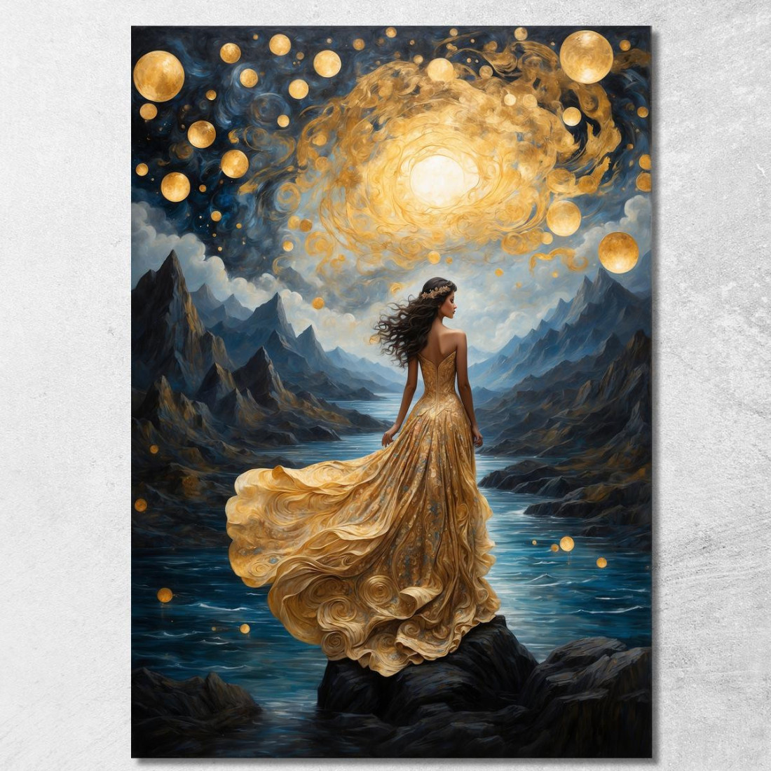 Quadro Donna Abito Dorato Paesaggio Stellato Fiabesco Fashion fsn14 quadro stampato su tela Quadro Donna Abito Dorato Paesaggio Stellato Fiabesco Fashion fsn14 quadro stampato su tela