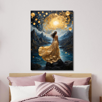 Quadro Donna Abito Dorato Paesaggio Stellato Fiabesco Fashion fsn14 quadro stampato su tela