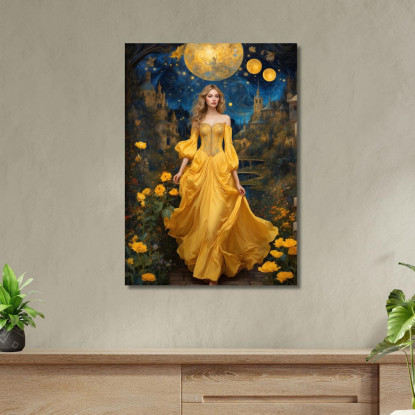 Quadro Donna Abito Giallo Castello Luna Fiori Notturni Fashion fsn15 quadro stampato su tela