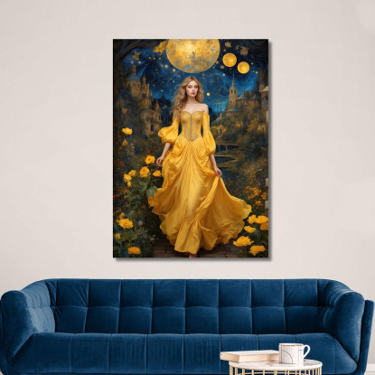 Quadro Donna Abito Giallo Castello Luna Fiori Notturni Fashion fsn15 quadro stampato su tela