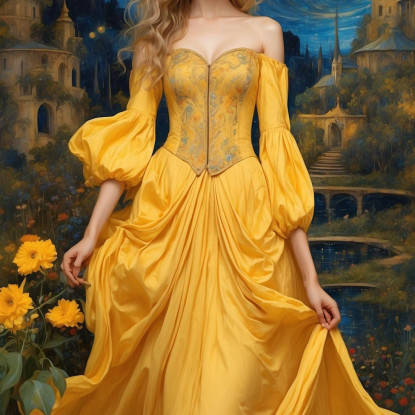 Quadro Donna Abito Giallo Castello Luna Fiori Notturni Fashion fsn15 quadro stampato su tela