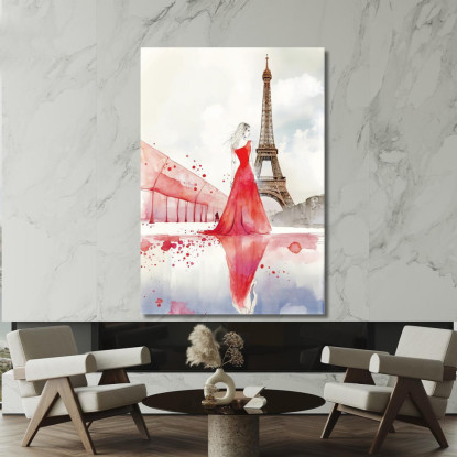 Quadro Donna Abito Rosso Parigi Riflesso Torre Eiffel Illustrazione Minimalista Fashion fsn18 quadro stampato su tela