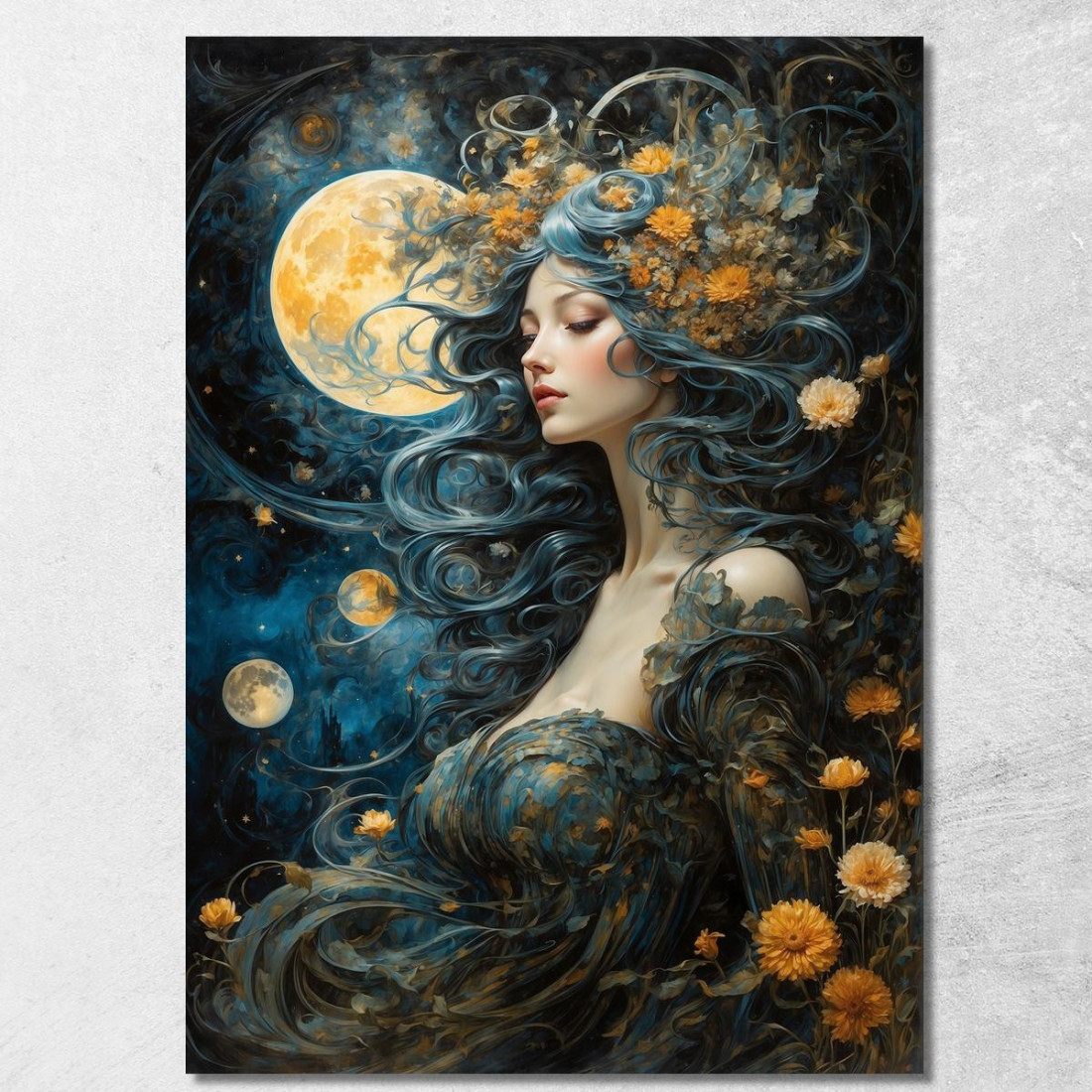 Quadro Donna Capelli Mossi Blu Luna Piena Fiori Gialli Fantasy Fashion fsn25 quadro stampato su tela Quadro Donna Capelli Mossi Blu Luna Piena Fiori Gialli Fantasy Fashion fsn25 quadro stampato su tela