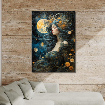 Quadro Donna Capelli Mossi Blu Luna Piena Fiori Gialli Fantasy Fashion fsn25 quadro stampato su tela