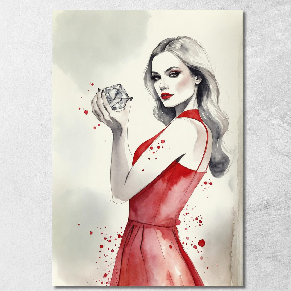 Quadro Donna Elegante Abito Rosso Con Diamante Disegno Acquerello Artistico Fashion fsn33 quadro stampato su tela