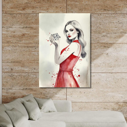 Quadro Donna Elegante Abito Rosso Con Diamante Disegno Acquerello Artistico Fashion fsn33 quadro stampato su tela