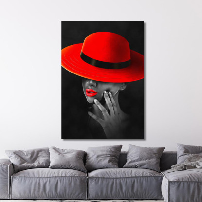 Quadro Donna Elegante Cappello Rosso Labbra Rosse Sfondo Nero Fashion fsn37 quadro stampato su tela