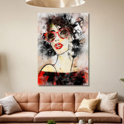 Quadro Donna Ritratto Moderno Occhiali Rossi Acquerello Fashion fsn46 quadro stampato su tela