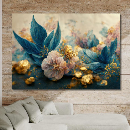 Quadro Con Composizione Floreale Blu E Dorata Con Petali Scintillanti Quadro Moderno Fiori Astratti flp8 quadro stampato su te