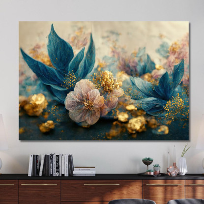 Quadro Con Composizione Floreale Blu E Dorata Con Petali Scintillanti Quadro Moderno Fiori Astratti flp8 quadro stampato su te