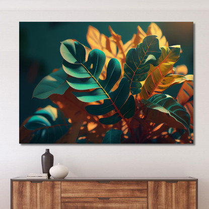 Quadro Con Foglie Tropicali Illuminate Da Luce Calda Quadro Moderno Fiori Astratti flp9 quadro stampato su tela