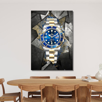 Quadro Moderno Orologio Blu E Oro Su Piastrelle rlx14 quadro stampato su tela