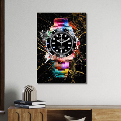 Quadro Moderno Orologio Nero Con Accenti Colorati Su Marmo Nero rlx15 quadro stampato su tela