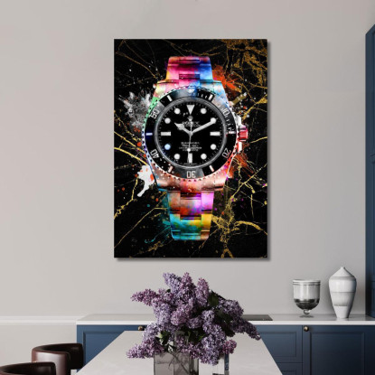 Quadro Moderno Orologio Nero Con Accenti Colorati Su Marmo Nero rlx15 quadro stampato su tela