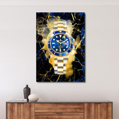 Quadro Moderno Orologio Blu E Oro Su Sfondo Nero rlx17 quadro stampato su tela