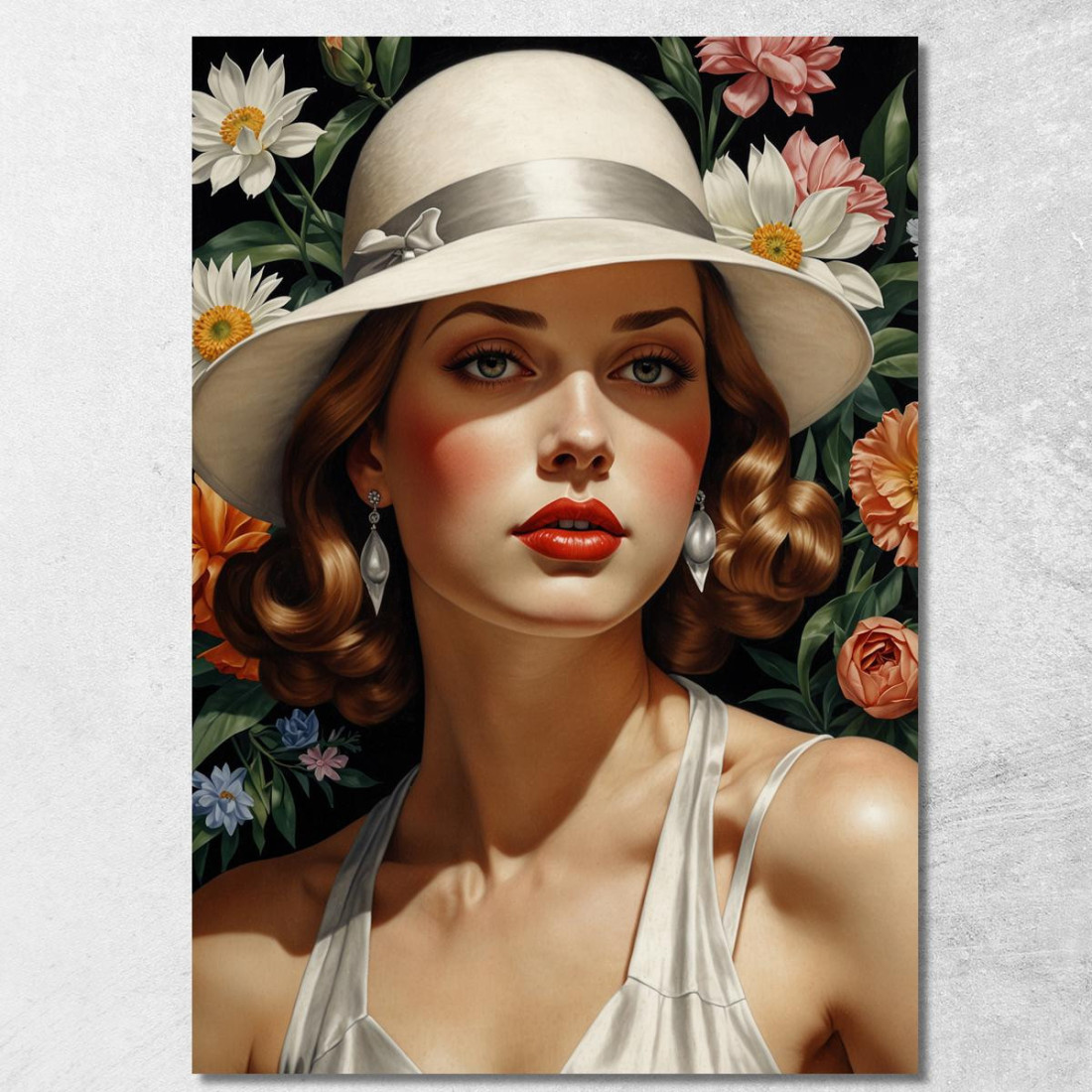 Donna Con Cappello Bianco E Fiori Stile Tamara de Lempicka ilmt25 quadro stampato su tela Donna Con Cappello Bianco E Fiori Stile Tamara de Lempicka ilmt25 quadro stampato su tela