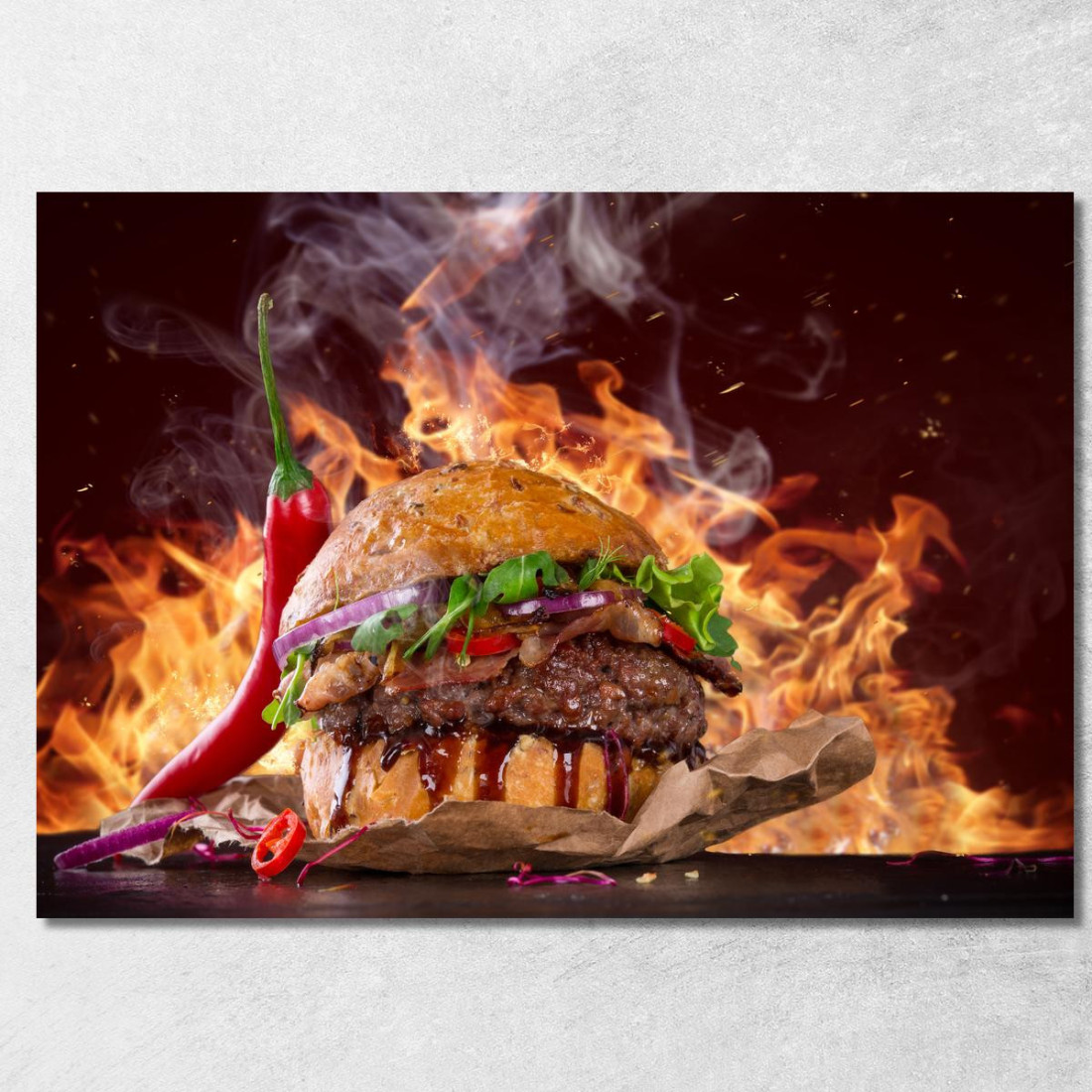 Quadro Moderno Burger Infernale Con Peperoncino E Fiamme foo11 quadro stampato su tela