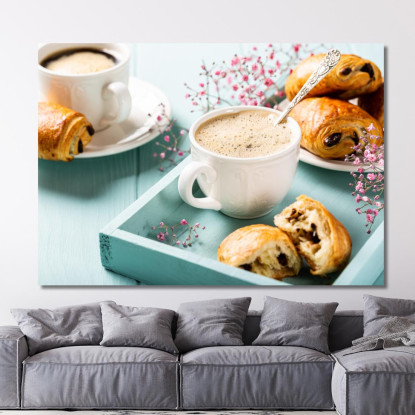 Quadro Moderno Colazione Elegante Con Caffè Cremoso E Pain Au Chocolat Su Vassoio Azzurro foo33 quadro stampato su tela