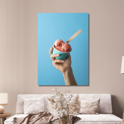 Quadro Moderno Coppetta Di Gelato Alla Fragola Tenuta In Mano Su Sfondo Azzurro foo39 quadro stampato su tela