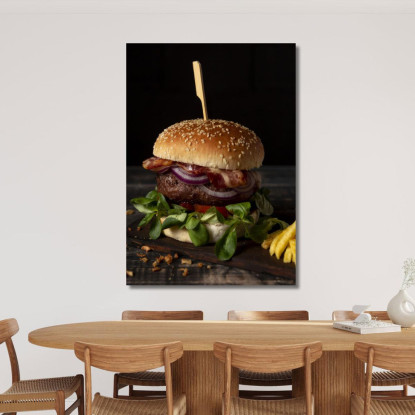 Quadro Moderno Hamburger Gourmet Con Bacon Cipolla E Insalata Su Sfondo Scuro foo64 quadro stampato su tela