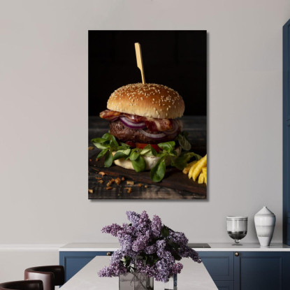 Quadro Moderno Hamburger Gourmet Con Bacon Cipolla E Insalata Su Sfondo Scuro foo64 quadro stampato su tela