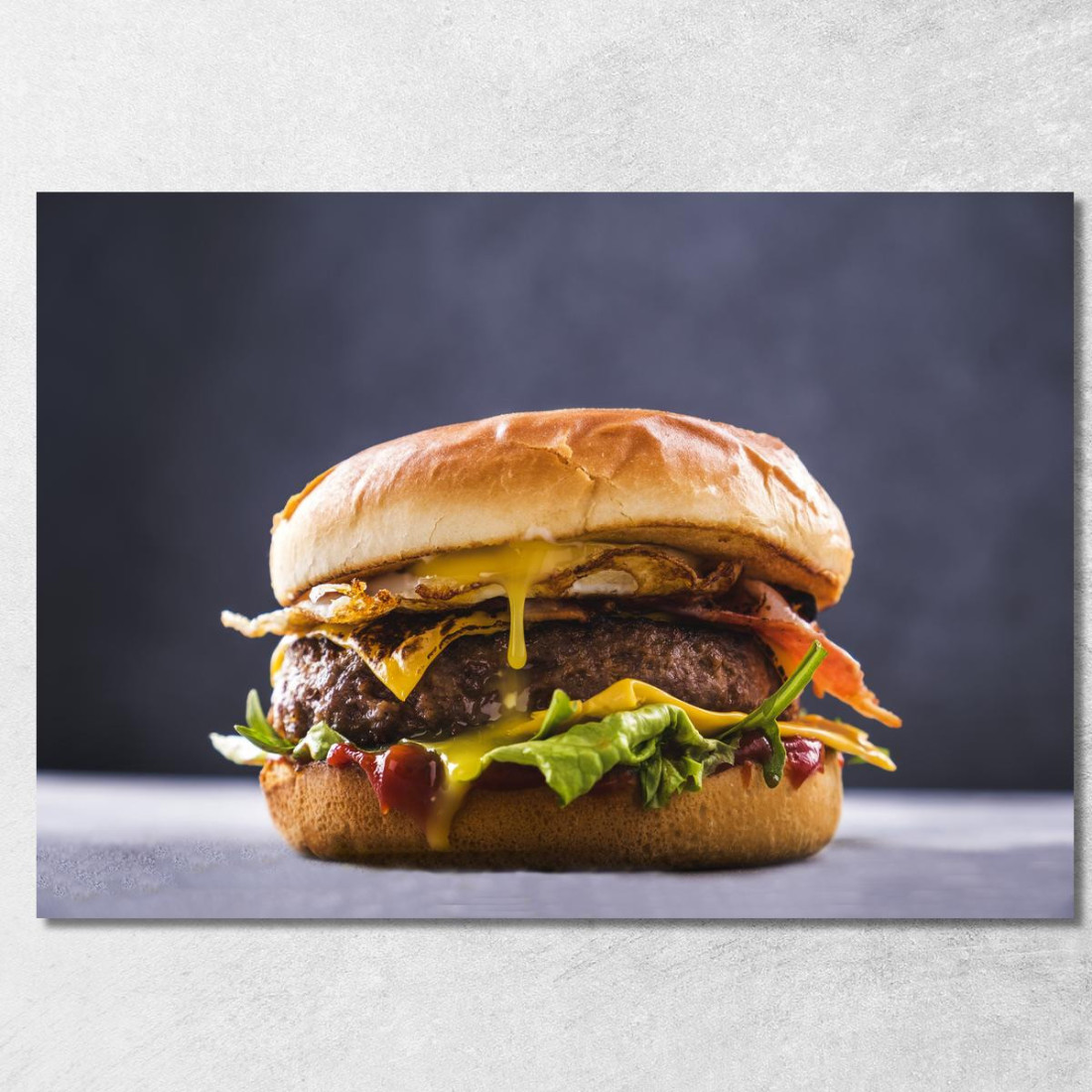 Quadro Moderno Hamburger Gourmet Con Uovo Fritto Bacon Croccante E Formaggio Fuso foo67 quadro stampato su tela Quadro Moderno Hamburger Gourmet Con Uovo Fritto Bacon Croccante E Formaggio Fuso foo67 quadro stampato su tela