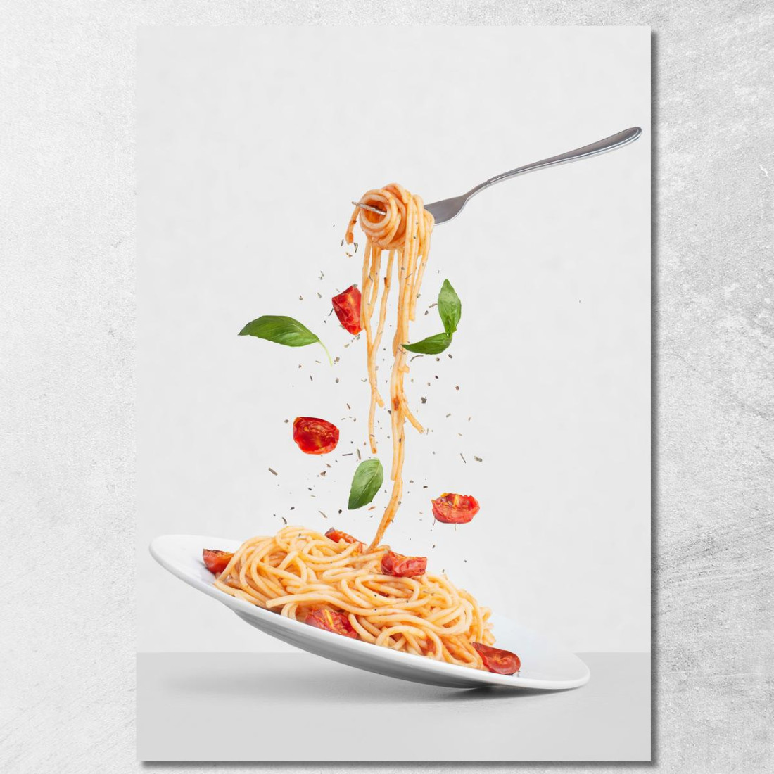 Quadro Moderno Spaghetti Con Pomodoro E Basilico Su Sfondo Grigio Minimalista foo103 quadro stampato su tela Quadro Moderno Spaghetti Con Pomodoro E Basilico Su Sfondo Grigio Minimalista foo103 quadro stampato su tela