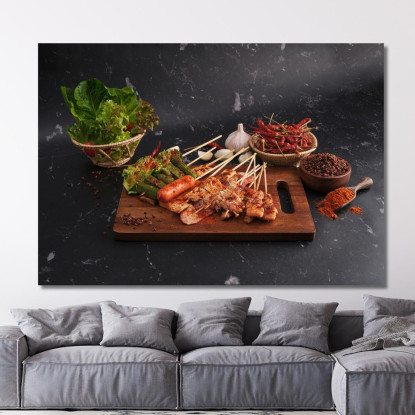 Quadro Moderno Spiedini Di Carne E Verdure Speziati Con Ingredienti Freschi foo106 quadro stampato su tela