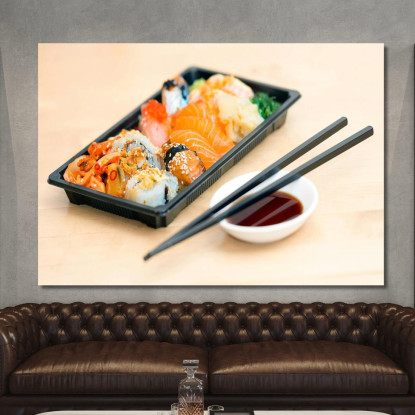 Quadro Moderno Sushi Misto In Bento Box Con Bacchette E Salsa Di Soia foo109 quadro stampato su tela
