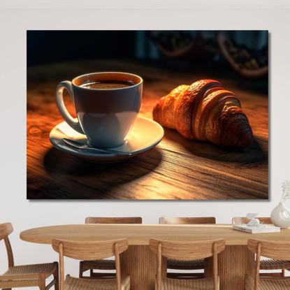 Quadro Moderno Tazza Di Caffè Caldo Con Croissant Su Tavolo Di Legno foo111 quadro stampato su tela