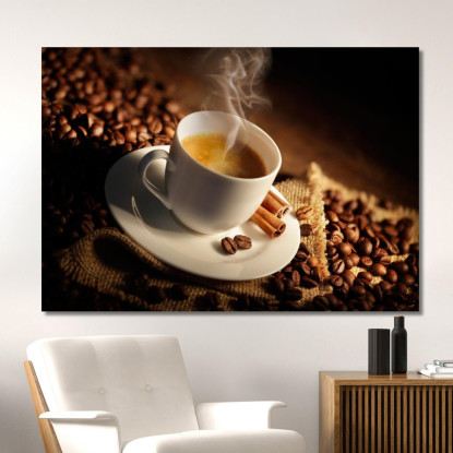 Quadro Moderno Tazza Di Caffè Fumante Con Cannella E Chicchi Di Caffè foo112 quadro stampato su tela