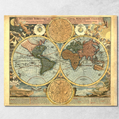 Quadro Mappa Antica Del Mondo Con Emisferi Dettagliati E Illustrazioni Astronomiche map2 quadro stampato su tela