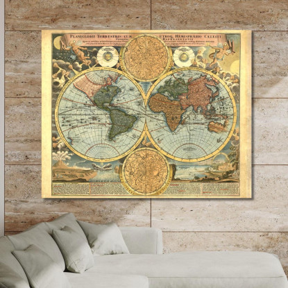 Quadro Mappa Antica Del Mondo Con Emisferi Dettagliati E Illustrazioni Astronomiche map2 quadro stampato su tela