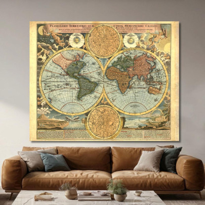 Quadro Mappa Antica Del Mondo Con Emisferi Dettagliati E Illustrazioni Astronomiche map2 quadro stampato su tela