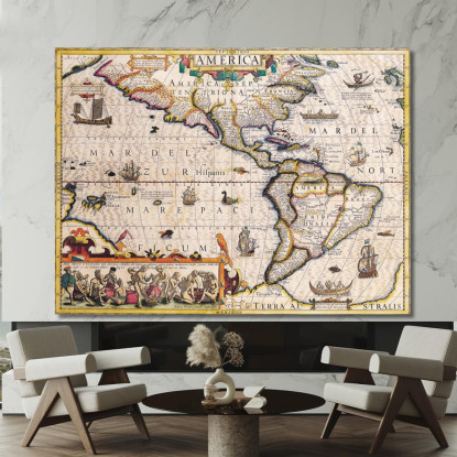 Quadro Mappa Antica Dell'America Con Navi Illustrazioni E Dettagli Geografici Storici map11 quadro stampato su tela