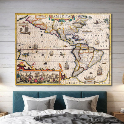 Quadro Mappa Antica Dell'America Con Navi Illustrazioni E Dettagli Geografici Storici map11 quadro stampato su tela