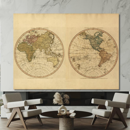 Quadro Mappa Del Mondo Antica A Due Emisferi Con Dettagli Cartografici Storici map14 quadro stampato su tela